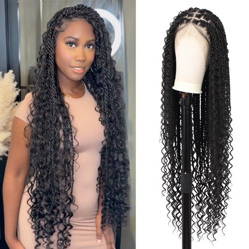 Olymei 360° HD Full Lace Boho Twist Braided Wigs for Women Knotless Twisted Braided Wigs with Baby Hair Human Hair Blended Braided Lace Front Wigs 36" Black
