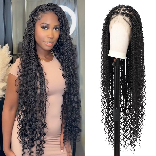 Olymei 360° HD Full Lace Boho Twist Braided Wigs for Women Knotless Twisted Braided Wigs with Baby Hair Human Hair Blended Braided Lace Front Wigs 36" Black