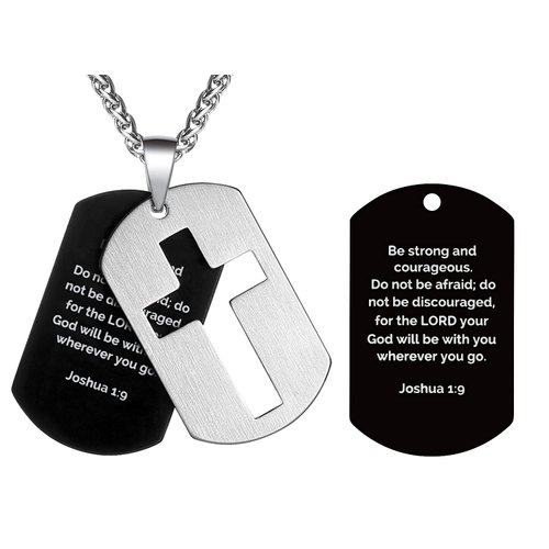 P.Blake Dog Tags Cross Necklace for Men Boys Stainless Steel Cross Pendant Chain, Bible Verse Baptism Religious Christian Jewelry Confirmation First Communion Christmas Gifts (Joshua 1:9)