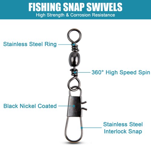OROOTL Fishing Barrel Swivel with Safety Snaps, 120pcs High Strength Fishing Snap Swivels Saltwater Stainless Steel Fishing Swivel Interlock Snaps Freshwater Leader Lure Hook Connector Accessories