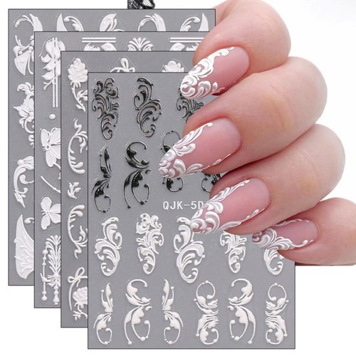 JMEOWIO 3D Embossed Black White Flower Nail Art Stickers Decals Self-Adhesive Pegatinas Uñas 5D Leaves Line Nail Supplies Nail Art Design Decoration Accessories 4 Sheets