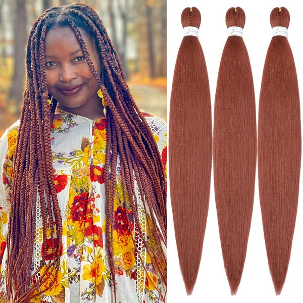 Ginger Braiding Hair Pre Stretched 26inch 3 Packs Copper Red Braiding hair Extensions Synthetic Crochet Braids, Hot Water Setting Professional Soft Yaki Texture. (26inch(3Packs),350#)
