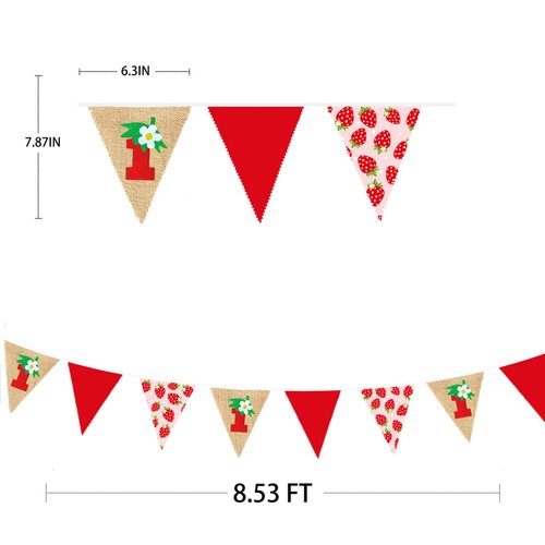 Strawberry 1st Birthday Pennant Banner Flag Berry Pattern Red Triangle Fabric Burlap Bunting Garland with Felt 1 Sign for Berry First Girls Strawberry Sweet One Birthday Party Decorations Supplies