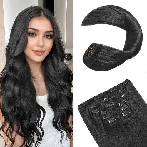 FoxFace Clip in Hair Extensions Real Human Hair,Natural Black 120g 7pcs 18 Inch,Remy Human Hair Extensions Seamless Clip ins for Women