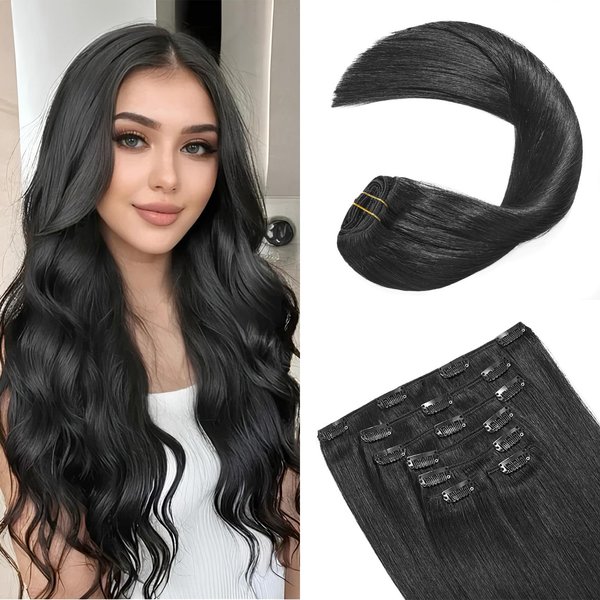 FoxFace Clip in Hair Extensions Real Human Hair,Natural Black 120g 7pcs 18 Inch,Remy Human Hair Extensions Seamless Clip ins for Women