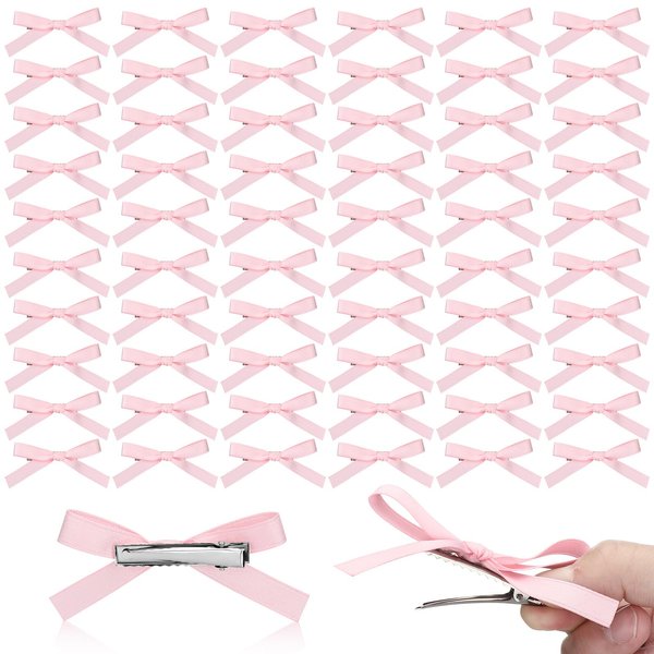 Wavwavw 50 Pcs Pink Hair Bows Clips for Women Bulk Pink Bows Clips Pink Ribbon Hair Bows Clips Breast Cancer Awareness Ribbon Mini Bows Clips Pink Bows Hair Clips Small Bows Bow Claw Clip