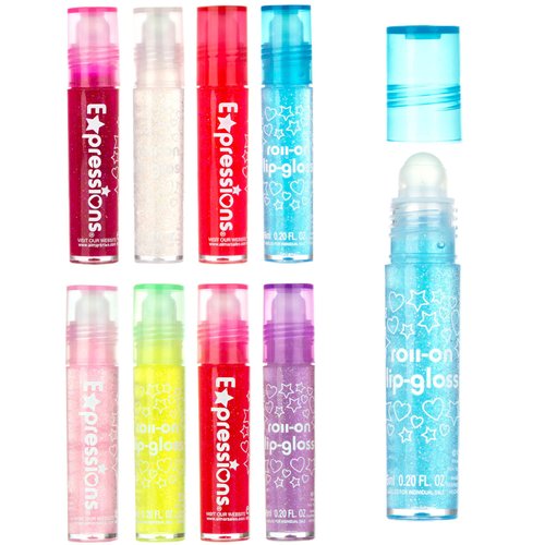 Expressions Kids 8 pcs roll on Glitter lip gloss set, Assorted Flavors .2 Fl oz ea.lip oil gloss liquid lipstick can keep your lips moisturized and plumper for a long time,lip care, MULTI