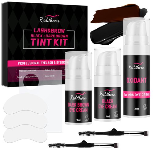 Reddhoon 2 In 1 Lash and Brow Color Kit, Instant Eyebrow Dark Brown & Black Hair Colour Kit, Lasts for 4 Weeks, Perfect Partner for Lash Lift Brow Lamination, Oxidant Cream and Eyebrow Brush Included