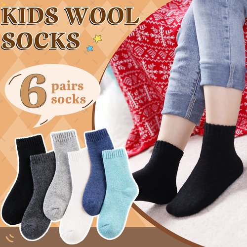 Kids Merino Wool Socks Boys Girls Hiking Boot Winter Thermal Warm Cozy Soft Toddler Thick Crew Socks 6 Pairs (6 Pairs Solid Color B, 8-12 Years)