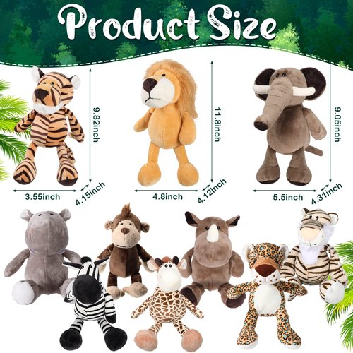 HyDren 10 Pcs Safari Stuffed Animals Plush Jungle Animal Toys for Girls Boys, Elephant Giraffe Lion Tiger Monkey Rhinoceros Zebra White Tiger Leopard Hippo for School Achievement Award