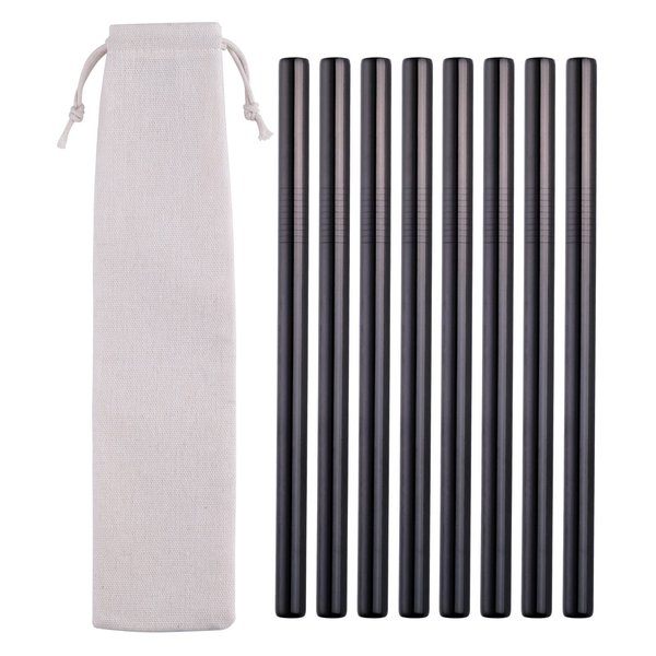 Reusable Boba Smoothie Straws, Metal Straws for Milkshakes, Bubble Tea, Jumbo Drinks, 8-Pack 0.5" Wide 18/10 Stainless Steel Straws & 1 Carrying Case, Black