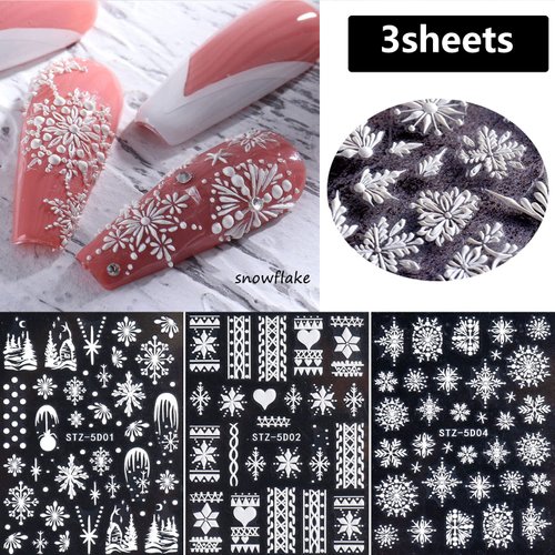 5D Embossed Snowflake Nail Art Stickers Christmas Nail Decal White Flower Lace Nail Decal Snowflake Leaf Nail Sticker Design Self-Adhesive Nail Decoration Supplies for Women DIY Christmas Manicure