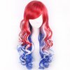 WTHCOS Mixed Red White Blue Long Curly Wavy Hair Wig With Slanted Bangs for Women Red White Blue Mixed Wig Heat Resistant Synthetic Hair Wigs for Daily Use Cosplay Wig With Wig Cap