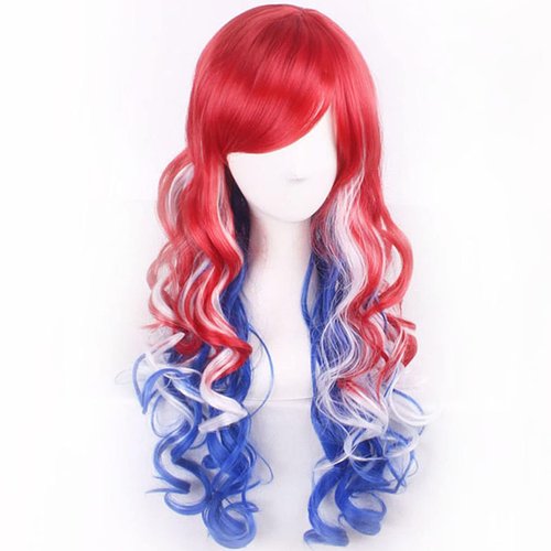 WTHCOS Mixed Red White Blue Long Curly Wavy Hair Wig With Slanted Bangs for Women Red White Blue Mixed Wig Heat Resistant Synthetic Hair Wigs for Daily Use Cosplay Wig With Wig Cap
