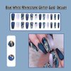 ANDGING Press on Nails Long Coffin Fake Nails for Women with Blue White Rhinestone Glitter Gold Design Glue on Nails Acrylic False Nails Cute Full Cover Stick on Nails for Wedding Birthday 24Pcs