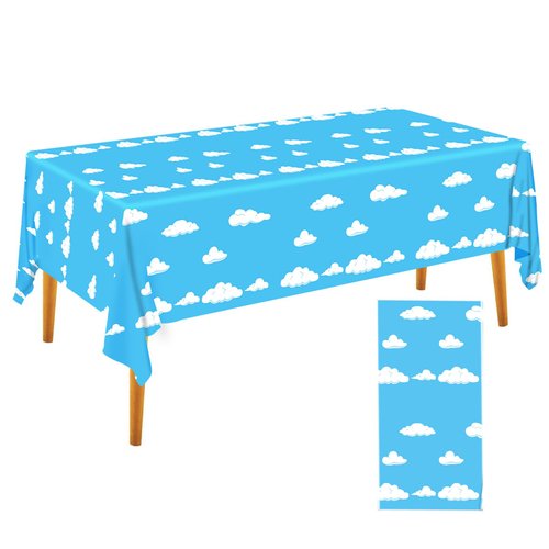 Blue Sky White Clouds Birthday Party Supplies Cartoon Story Tablecloth Party Table Cover Cartoon Table Banner for Baby Kids Shower Birthday Party Decorations, 54 x 108 Inch (1)