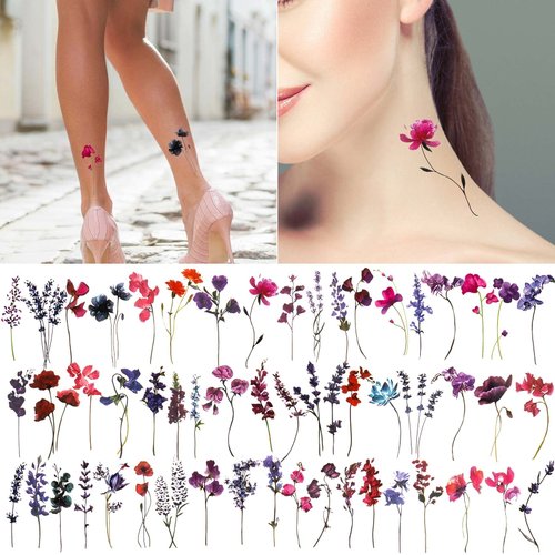OIIKI Flower Temporary Tattoo Stickers 30 Sheets, Watercolor Lavender Fake Tattoos for Adult Women Girls, Sexy Female Floral Fun Cute Tiny Small Branch Tattoo Sticker for Ankle Wrist Neck