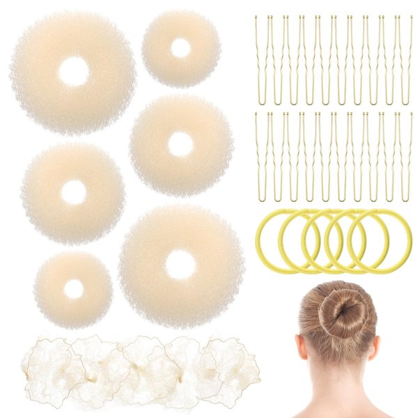 AOZUO Hair Bun Maker Set, 6 Pcs Hair Donut Bun Maker 5 Pcs Invisible Hair Nets 5 Pcs Hair Elastic Bands 20 Pcs U Shaped Hair Bobby Pins Hair Doughnut Shaper Kit