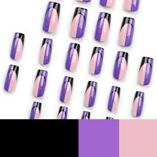 Vezocim Purple Press on Nails Square French Tips 24Pcs Glossy Full Cover Medium Acrylic Square False Nails with Designs Artificial Coffin Reusable Fake Nails Glue ons Fingernails for Women Girls