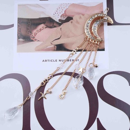 Erimberate Bohemian Moon Star Hair Clip Paved Moon Hair Barrette Gold Crystal Drop Hair Pins Clip Dangle Crystal Tassel Hair Barrette Headclip Rhinestone Headwear Decorative Hair Accessories Jewelry