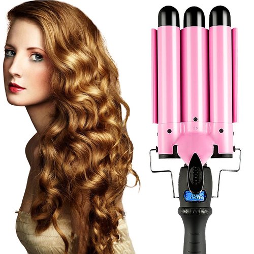 SOMOYA 3 Barrel Curling Iron, 1 Inch Hair Waver with LCD Display, Temperature Adjustable Ceramic Beach Hair Waver Wand for Women (1.26Inch, Pink)