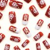 Red Christmas Press on Nails Short Square Fake Nails White Snowflake Glue on Nails Cute Christmas Elk False Nail Tips Short Stick on Nails Christmas Artificial Acrylic Nails for Women and Girls 24Pcs