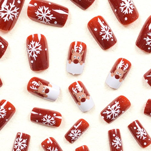 Red Christmas Press on Nails Short Square Fake Nails White Snowflake Glue on Nails Cute Christmas Elk False Nail Tips Short Stick on Nails Christmas Artificial Acrylic Nails for Women and Girls 24Pcs
