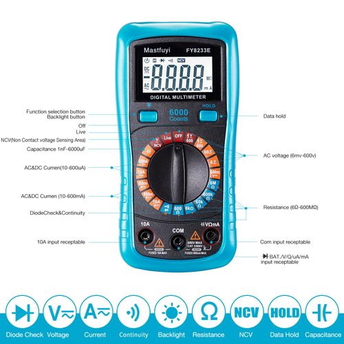 Mastfuyi Digital Multimeter, True RMS 6000 Counts, Multi Tester, NCV Electrical Tester, Backlit LCD Display, Auto-Ranging Tests, Voltage, Current, Resistance, Continuity, Diode, Capacitance