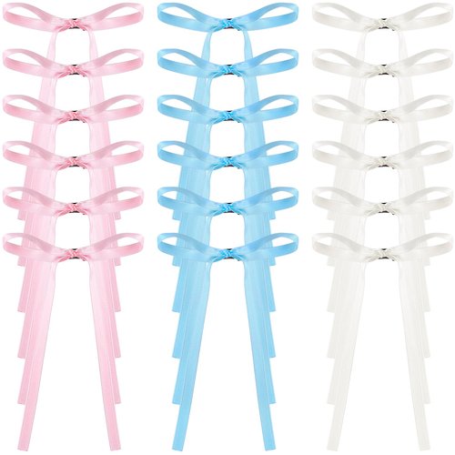 HINZIC 18Pcs 3.93inch Pink Bow Hair Clips White Blue Bow Barrettes with Long Ribbons Halloween Rave Christmas Wedding Prom Hair Accessories for Teens Women Rapunzel Thin Hair
