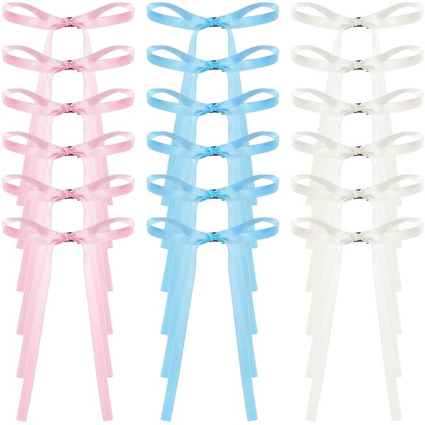 HINZIC 18Pcs 3.93inch Pink Bow Hair Clips White Blue Bow Barrettes with Long Ribbons Halloween Rave Christmas Wedding Prom Hair Accessories for Teens Women Rapunzel Thin Hair