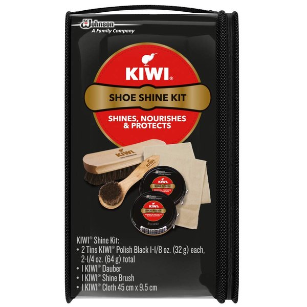 KIWI Shoe Shine Kit, Black - Gives Shoes Long-Lasting Shine and Protection (2 Tins, 1 Brush, 1 Dauber and 1 Cloth)