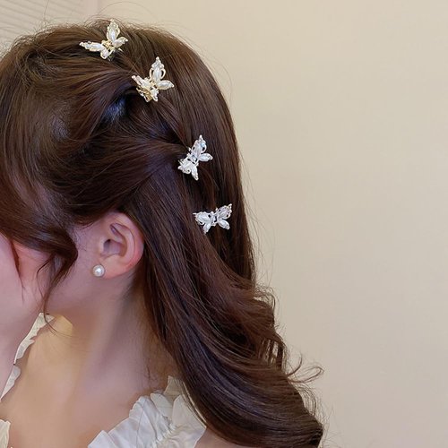 Jumwrit 4pcs Mini Butterfly Hair Claw Clips Small Pearl Hair Jaw Clips Glitter Rhinestone Hair Clamp Strong Hold Cute Fairy Gold Silver Metal Hair Clips for Women Girls (Style 4)