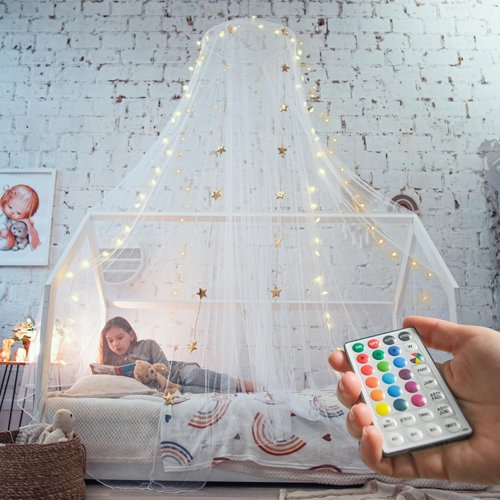 Bed Canopy with Lights, White Canopy Bed, Bed Canopy for Girls Room, Princess Bed Canopy | Single, Twin, Full, Queen | Bed Canopy for Girls, Kids Bed, Hanging Canopy, Fairy Lights Led Canopy