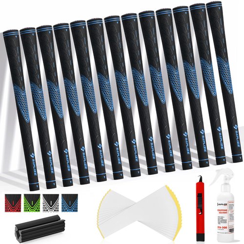 SAPLIZE Classic Rubber Golf Grips 13 Pack, High Feedback, Non-Slip, 13 Grips with Full Solvent Kit, Standard Size, Blue, CC01 Series