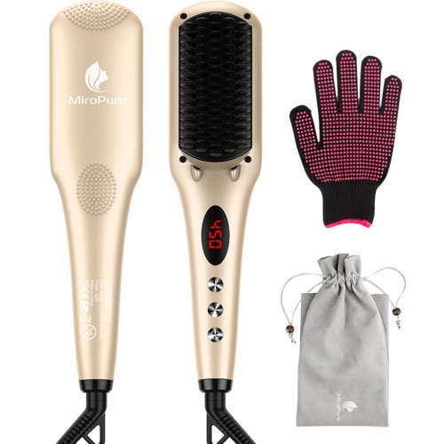 Hair Straightener Brush, MiroPure Ionic Hair Straightener Comb with 16 Temp, Auto-Off & Anti-Scald & Effective Hair Care, MCH Heating Hair Straightening Brush for Women