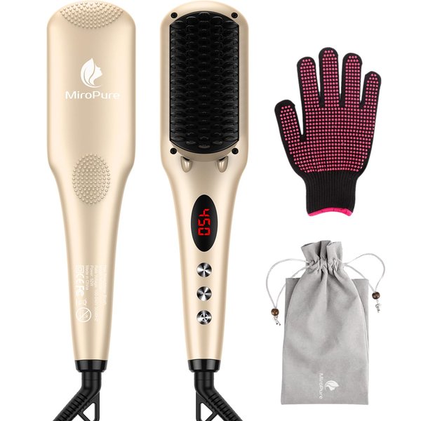 Hair Straightener Brush, MiroPure Ionic Hair Straightener Comb with 16 Temp, Auto-Off & Anti-Scald & Effective Hair Care, MCH Heating Hair Straightening Brush for Women