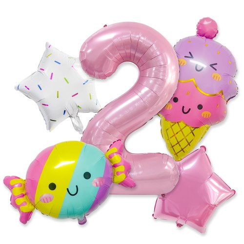 Ice Cream Birthday Decorations, 5 Pcs Dokuna Ice Cream Balloons 2nd Birthday Decorations for Girls, Giant Number 2 Foil Mylar Balloon, 2 Years Old Ice Cream Theme Birthday Party Supplies Decor (2nd)