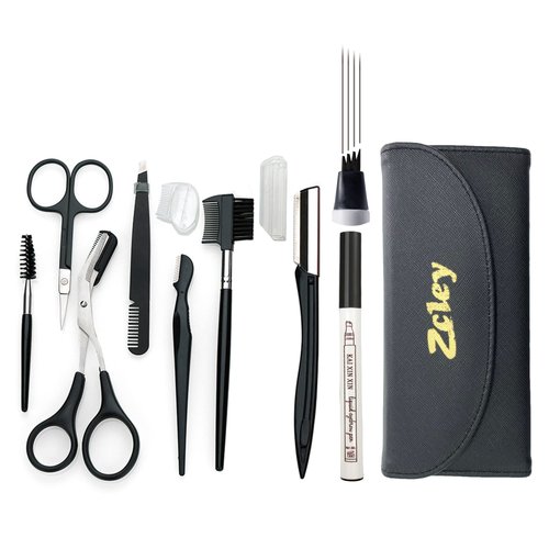 ZCLEY Eyebrow Grooming Set with Travel Case, 8 Pieces Eyebrow Tool Set, Eyebrow Trimming Kit with Waterproof Eyebrow Tattoo Pen (Black Wallet - Black Pincel)