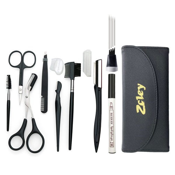 ZCLEY Eyebrow Grooming Set with Travel Case, 8 Pieces Eyebrow Tool Set, Eyebrow Trimming Kit with Waterproof Eyebrow Tattoo Pen (Black Wallet - Black Pincel)