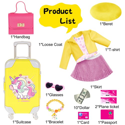 18 inch Doll Clothes and Doll Accessories Case Luggage Travel Play Set Include Yellow Jacket, Top, Skirt, Hat, Handbag, Glasses, Bracelet... (No Doll)