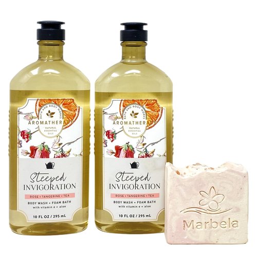 Bath & Body Works Aromatherapy Steeped Invigoration Rose + Tangerine + Tea 2 Pack Body Wash + Foam Bath Bundle with a Himalayan Salts Springs Bar Soap - Full Size
