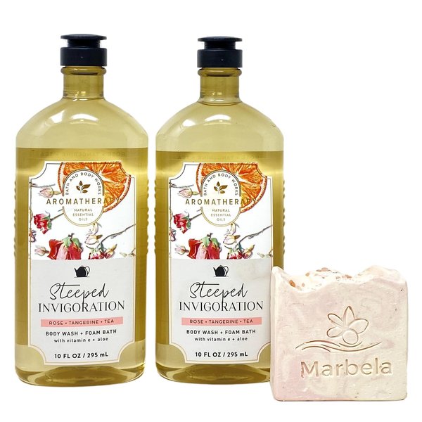 Bath & Body Works Aromatherapy Steeped Invigoration Rose + Tangerine + Tea 2 Pack Body Wash + Foam Bath Bundle with a Himalayan Salts Springs Bar Soap - Full Size