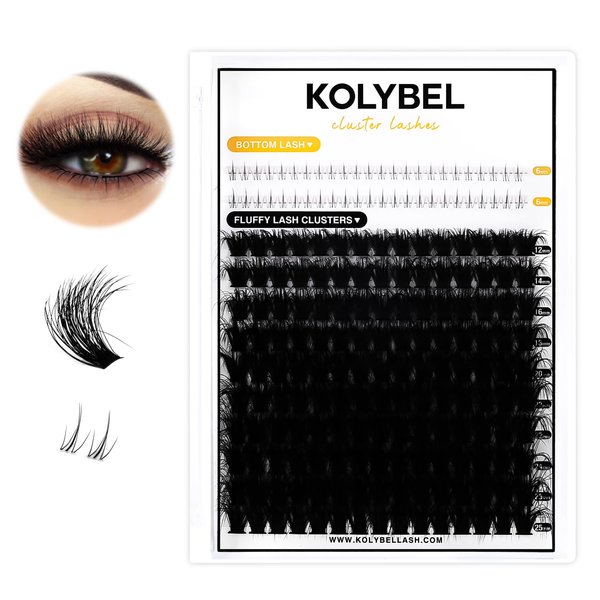 KOLYBEL Lash Clusters Lash Extension with Bottom Lash Wipsy Lash Clusters Volume Lash Extension Individual Lashes 200D Cluster Lashes 12-25mm Thick Cluster Eyelash Extensions(200D with Bottom Lashes)