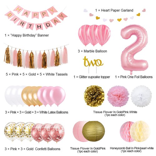2nd Birthday Girl Decoration, Girls Two Birthday Decoration with Happy Birthday Banner, Number 2 Balloons for Pink and Gold Party Supplies Decoration 2nd Birthday
