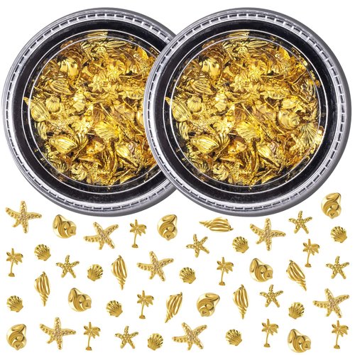Pndeyo 2 Boxes Ocean Theme Nail Charms, Sea Beach Starfish Seashell Nail Decals Accessories, Metal 3D Nail Gems Jewelry Decoration Supplies for Manicure DIY Nail Embellishments- Gold