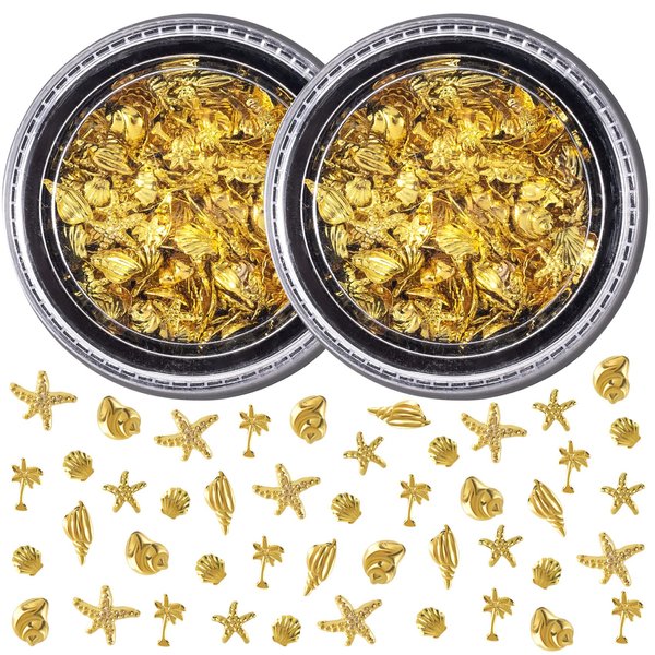 Pndeyo 2 Boxes Ocean Theme Nail Charms, Sea Beach Starfish Seashell Nail Decals Accessories, Metal 3D Nail Gems Jewelry Decoration Supplies for Manicure DIY Nail Embellishments- Gold