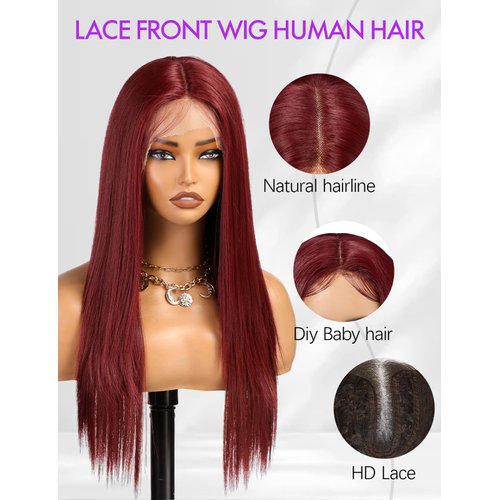 Getshow Lace Front Wig Synthetic Long Straight Gluless Red Wigs With Baby Hair For Women 26Inch