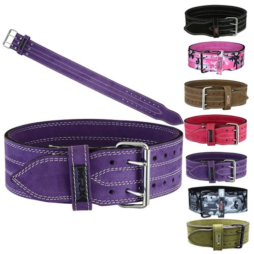 MRX Powerlifting Leather Belt 4" Wide 10mm Thickness Training Fitness Back Support Bodybuilding Belts with Steel 2 Prong Buckle Purple (Medium)
