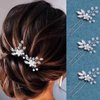 Heread Crystal Bride Wedding Hair Pins Silver Flower Bridal Head Piece Pearl Hair Accessories for Women and Girls (Pack of 3) (A Silver)