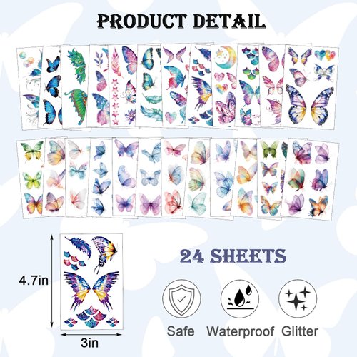 24 Sheets Glitter Butterfly Temporary Tattoos - 160+Styles Fake Tattoos for Women Girls Eye Face - Waterproof Long Lasting Temporary Tattoos for Birthday Party Decorations Festival Supplies